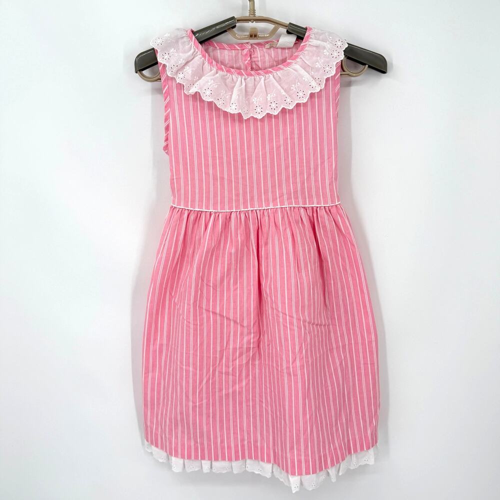 Marshall Fields Vintage Girls Pink Stripe Dress Eyelet Lace Ruffles Size 12 80's